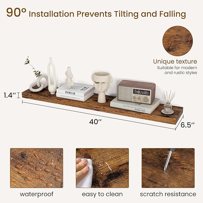 Dreamland 40Inch Floating Shelves for Wall, Rustic Wooden Storage Shelf for Living Room, Kitchen, Farmhouse, Wall Mounted Display Shelving with Invisible Heavy-Duty Metal Bracket, Set of 2 - Brown