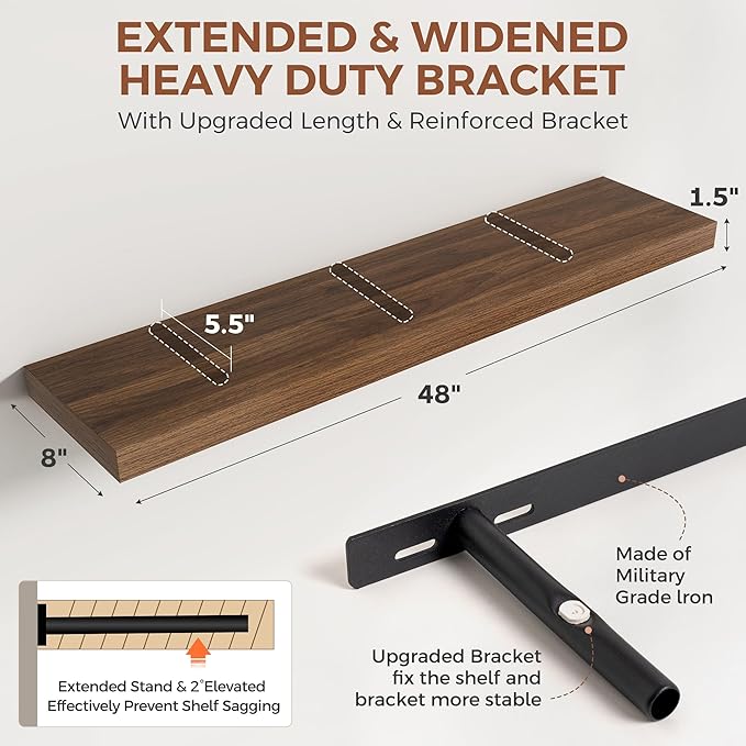 Dreamland 48 Inch Floating Shelves for Wall,8 Inch Deep Floating Shelves,48" W x 8" D Wall Shelves for Bedroom,Living Room,Kitchen,Bathroom,Walnut,Set of 2