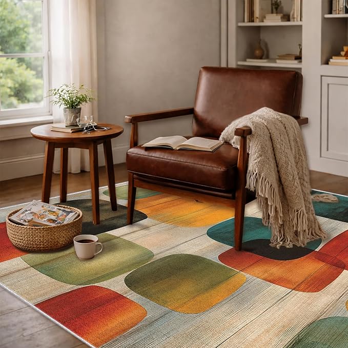 Mid-Century Geometric Area Rug 2x3 ft, Retro Color Block Abstract Statement Rug, Low Pile Non-Slip Washable Indoor Rug for Living Room Bedroom