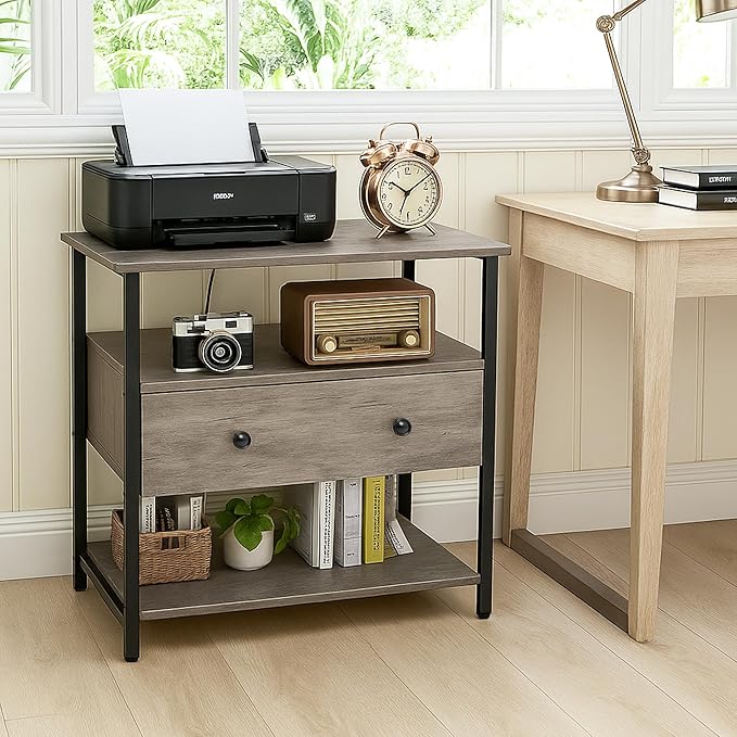 27 Inch Wide Night Stand Set 2 with Charging Station, Wood Nightstand with Open Shelf, Large Drawer Bedside Table for Living Room/Bedroom/Office(Rustic Gray)