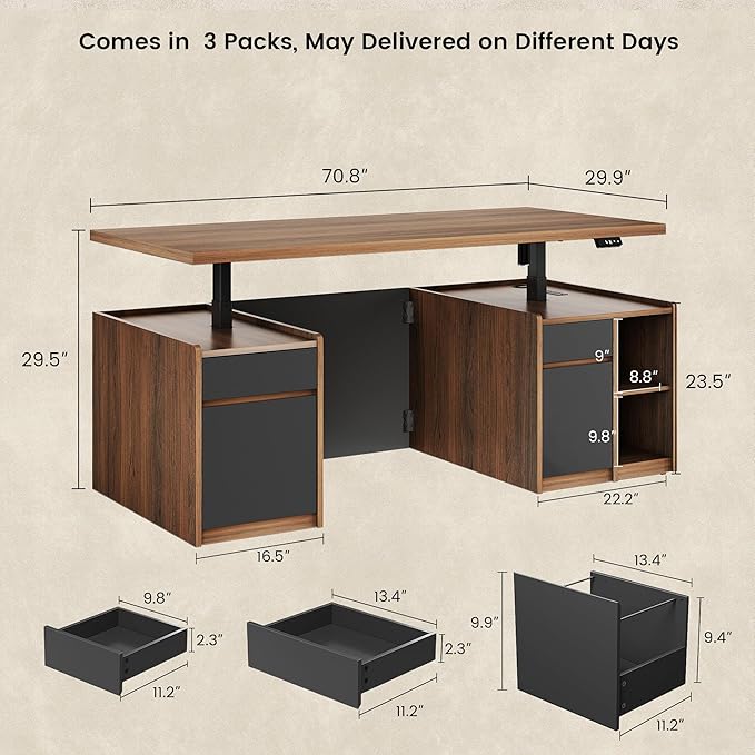 ModernMate Executive Standing Desk with Drawers & Storage, 70.8'' Adjustable Electric Stand Up Wood Desk with Privacy Panel, AC/USB, File Cabinet, Large One-Piece Desktop for Home Office, Black Walnut