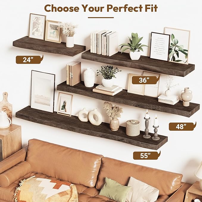 Vivelove Live Edge Floating Shelves for Wall Solid Elm Wood, Rustic Farmhouse Wall Shelf with Invisible Bracket for Living Room Bedroom Bathroom Office Book, 55 Inches - Set of 1 - Dark Walnut