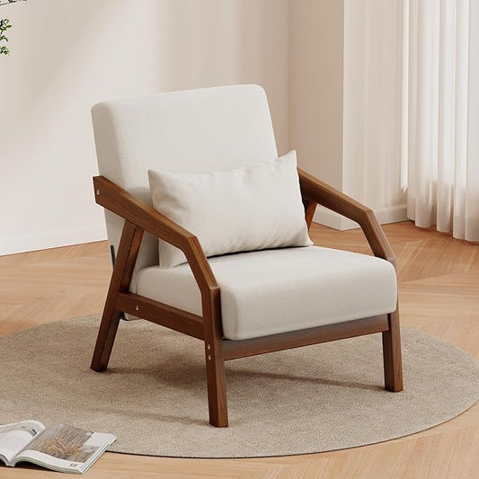 Solid Wood Accent Chair Mid-Century Modern Lounge Armchairs, Fabric Upholstered Soft Comfy Living Room Chairs with Armrest Waist Cushion Pillow for Office Reading Waiting Room (Brown Arm)
