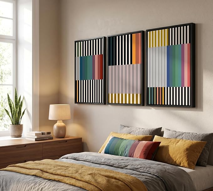 3pcs Abstract Stripes Canvas Wall Art Colorful Mid Century Modern Posters Prints Simple Line Wall Decor Pictures for Living Bedroom office Home Decoration Unframed
