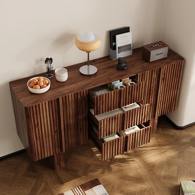 Rophefx 63" Buffet Cabinets with Storage, Wood Side Cabinet with 3 Drawers & 2 Doors, Mid-Century Modern Buffet Table with Anti-Tip Device & Foot Pads for Kitchen, Living Room, Dining Room（Walnut ）