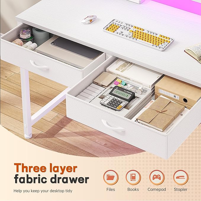 DurayLoly Computer Desk with 2 Drawers & LED Lights,31Inch Home Office Desks with Side Pocket and Monitor Stand,Study Writing Table for Small Spaces,White