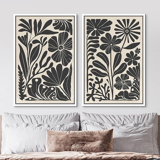 MUDECOR Framed Canvas Wall Art Abstract Floral Botanical Prints Minimalist Modern Art Boho Wall Decor for Bedroom - 16"x24"x2 White