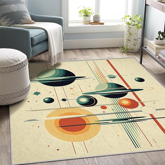Mid Century Rugs for Living Room 7x9, 50s Retro Futurism Geometric Abstract Modern Pattern Design Area Rug, Mid Century Bedroom Decor Carpet, Non Slip, Washable (RG500)