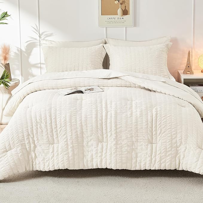 HYMOKEGE Ivory Full Size Comforter Sets Seersucker 7 Pieces, All Season Luxury Bed in a Bag for Bedroom, Bedding Set with Comforters, Sheets, Pillowcases & Shams