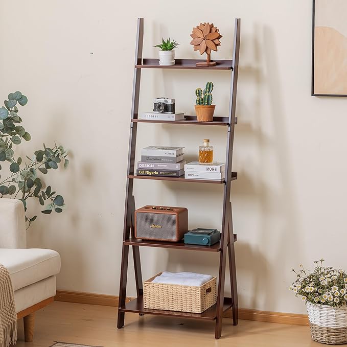 Maydear Bamboo Ladder Shelf Bookcase, 5-Tier Leaning Bookshelf Free Standing Organizer Storage Shelves for Living Room, Bedroom, Kitchen, Home Office, Balcony, Dark Walnut