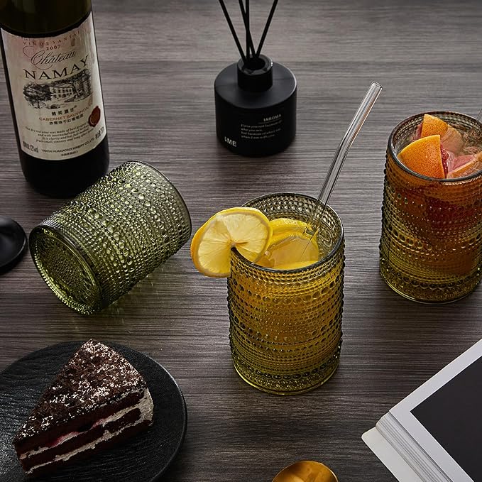 Vintage Hobnail Drinking Glasses Set of 12, 15 oz Highball Glasses & 12 oz Cocktail Glasses Set, Green Kitchen Water Glasses Cup, Bar Tumbler Glassware Set for Beer, Juice, Whiskey, Milk