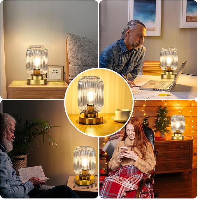 Mid Century Modern Table Lamp with Clear Ribbed Glass Shade, Touch Control & 3 Way Dimmable, Small Gold, Vintage Bedside Lamp for Bedroom, Living Room, Office (Bulb Included)