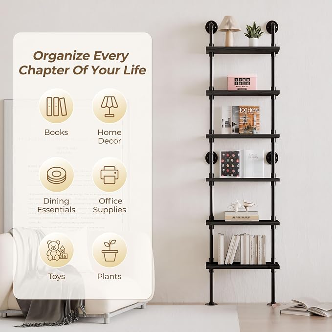 Industrial Ladder Pipe Shelves, Wall Mounted Wood Metal Rustic Bookshelf for Living Room (Black, 6 Tier - 10" D x 24" W x 82.5" H)
