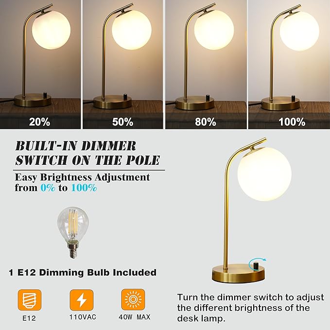 Gold Globe Dimmable Table Lamp Set of 2, Nightstand Lamps Mid Century Modern Desk Lamp with White Glass Shade for Living Room Bedroom, Study Room
