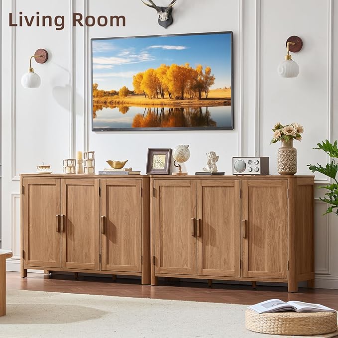 Sideboard Buffet Cabinet with Storage, 46" Arc-Shaped Credenza with 3 Doors & Adjustable Shelves, Mid Century Modern Coffee Bar Cabinet for Kitchen, Living Room, Entryway, Darkwood