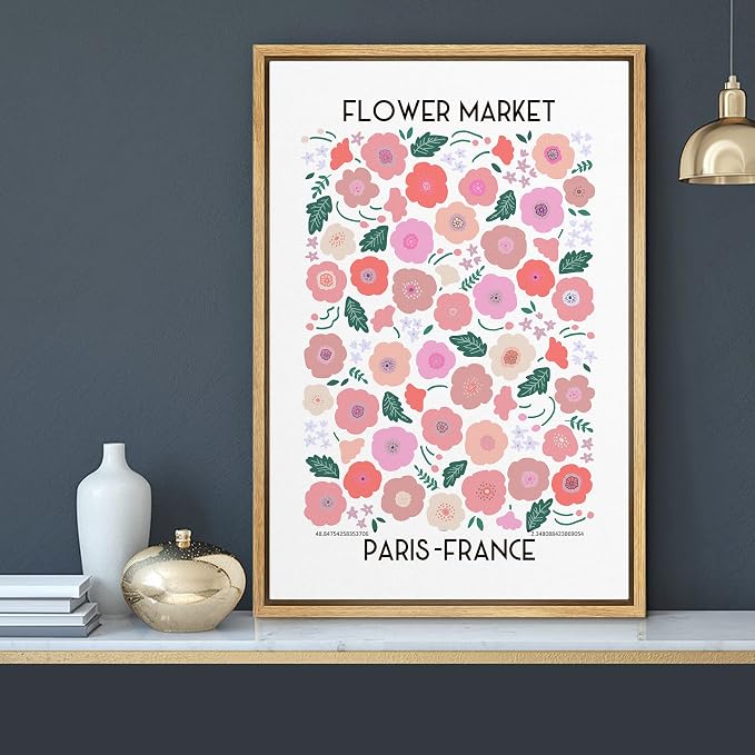 MUDECOR Framed Canvas Print Wall Art Paris France Pink, Red & Green Flower Market Floral Nature Illustrations Modern Art Chic Colorful Ultra for Living Room, Bedroom, Office - 16"x24" Natural