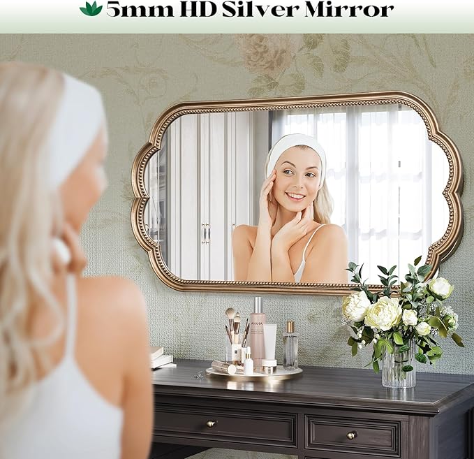 Scalloped Mirror, 20" x 36" Gold Oval Wall Mirror Beaded Frame Decorative, Antique Brass Mirrors Wooden for Over Sink, Bathroom, Bedroom, Living Room, Fireplace, Entryway