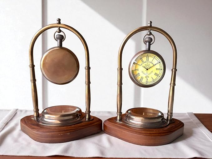 Personalized Victorian Brass Desk Clock with Integrated Working Compass - Vintage Tabletop Nautical Timepiece for Home/Office Decor, Engraved Bronze Luxury Office Decor