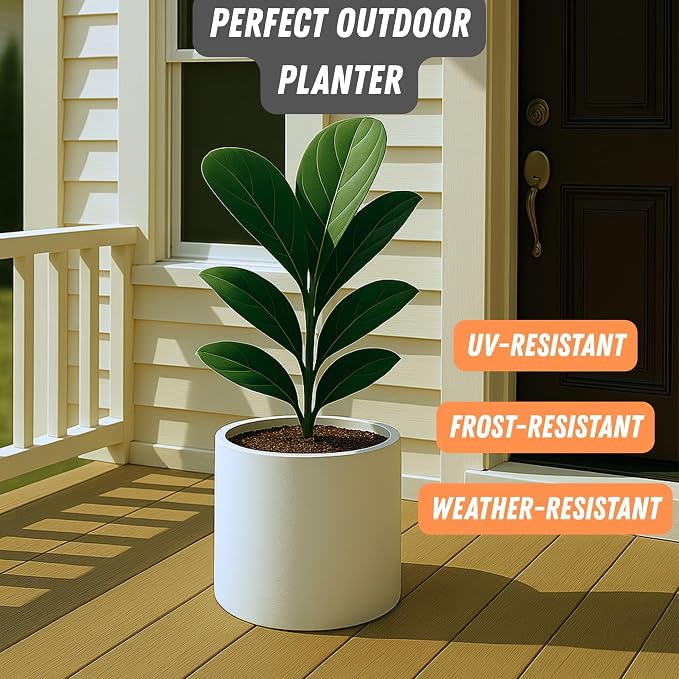 Fox & Fern Large Indoor Planter, Modern Large Plant Pot for Indoor or Outdoor, UV and Frost Resistant - 8 Inch, Fiberstone, Matte White Flower Pot with Drainage Plug, Lightweight