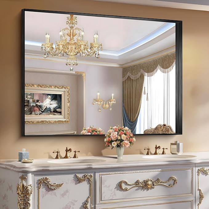 CIRCUMI Black Bathroom Mirror, 36"x50" Rectangular Mirror with Deep Metal Frame, Brushed Finish, Tempered Glass, Large Mirror for Wall, Over 2 Sinks, Installed Vertically/Horizontally, Crystal-Clear