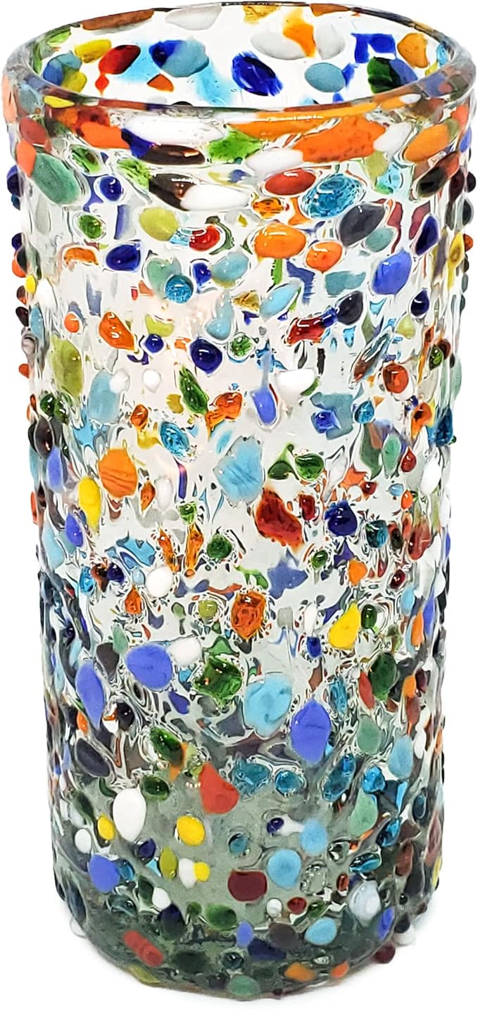 Confetti Rocks 20 oz Tall Iced Tea Glasses (set of 6) Mexican Handmade Multicolor Glassware, Recycled Glass, Lead-free, Toxin-Free (Tall Iced Tea)