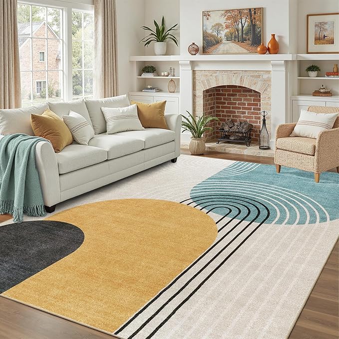 DCX Abstract Machine Washable 5x7 Rug, Mid Century Modern Rug for Living Room, Soft Low Pile Non Slip Carpet, Kid & Pet Friendly Stain Resistant Rug for Bedroom Dining Room Office, Blue & Yellow