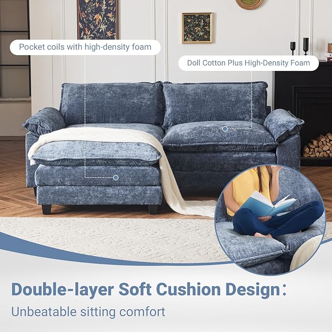 VINGLI 87" Cloud Sectional Sofa, Comfy L-Shaped Extra Deep Seat Sofa Couch for Living Room,Modern 2-Seat Convertible Loveseat Sofa with Ottoman for Small Space(Navy Blue)