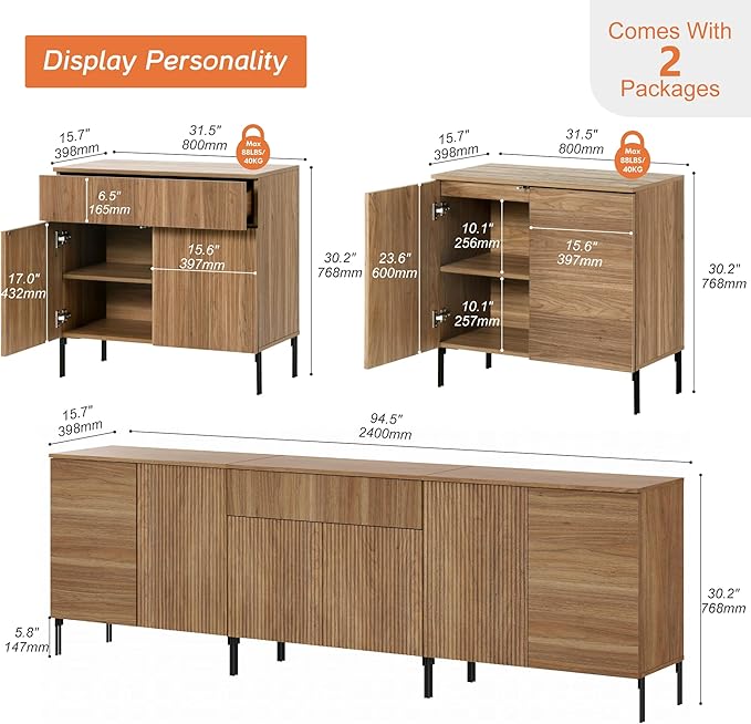 WAMPAT 94.5" Buffet Sideboard Cabinet with 1 Drawer & 6 Doors, 3-in-1 Fluted Sideboard with Adjustable Shelves, Modern Buffet Table Coffee Bar Wine Bar Cabinet for Dining Room, Living Room, Walnut