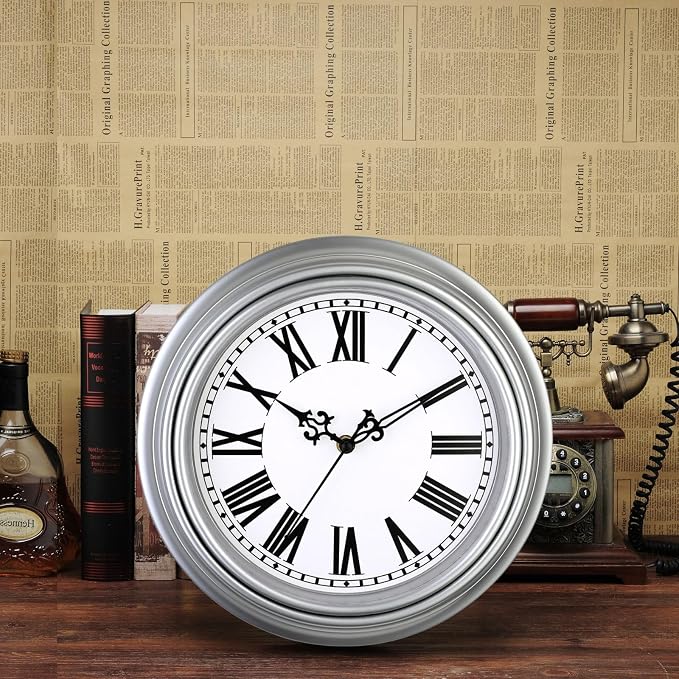 Plumeet Extra Large Retro Wall Clock, 16'' Non Ticking Classic Silent Vintage Wall Clocks Decorative Kitchen Living Room Bedroom, Roman Numerals, Battery Operated, Silver