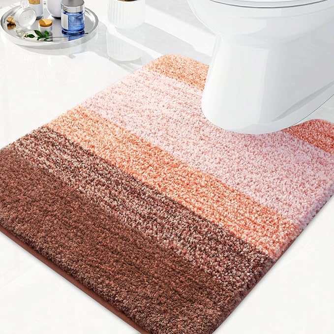 Arotive Microfiber Bathroom Rugs, Shaggy Soft and Absorbent Contour Toilet Rugs, Non-Slip, Thick Plush Machine Washable Dry Bath Mats for Toilet Base, 24x20, Orange, U-Shape
