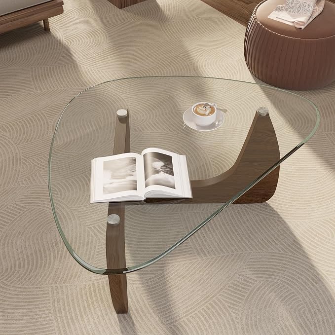 Modern Glass Coffee Table, Triangle Center Table with Tempered Glass Top& Unique Wooden Base, 42.5” Mid Century Tea Tables for Living Room, Apartment, Office,Walnut &Transparent