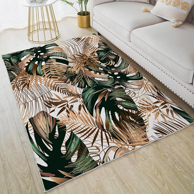 Ansouyi Non-Slip 5x7 ft Area Rugs, Washable Rug Carpet for Living Room, Emerald Green Gold Tropical Botanical Plant Home Decor Rugs for Game Room Classroom Bedroom Dining Kindergarten Room