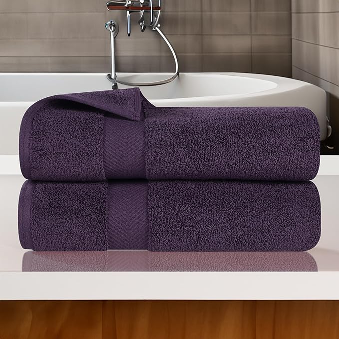 Superior Zero Twist 100% Cotton Bath Towels, Super Soft, Fluffy and Absorbent, Premium Quality Oversized Bath Towel Set of 2, Grape Seed
