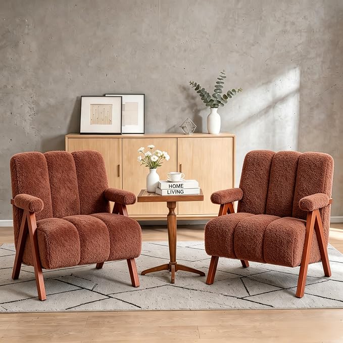 Mid Century Modern Accent Chair with Solid Oak Wood Frame, Upholstered Chenille Lounge Chair with Ergonomic Backrest and Thick Cushion for Living Room Bedroom Balcony, Set of 2, Rust Red