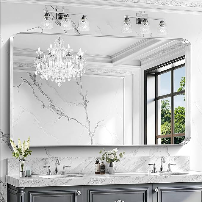 CIRCUMI Silver Bathroom Mirror, 36"x60" Rectangular Mirror with Deep Metal Frame, Rounded Corner, Tempered Glass, Large Mirror for Wall, Over 2 Sinks, Installed Vertically/Horizontally, Crystal-Clear