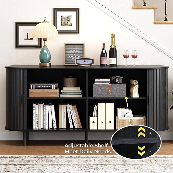 Buffet Cabinet with Storage, Fluted Sideboard Buffet with Sliding Door, Coffee Bar Cabinet with Adjustable Shelf, Console Table, Accent Table for Entryway, Kitchen (Black, 63 Inch)