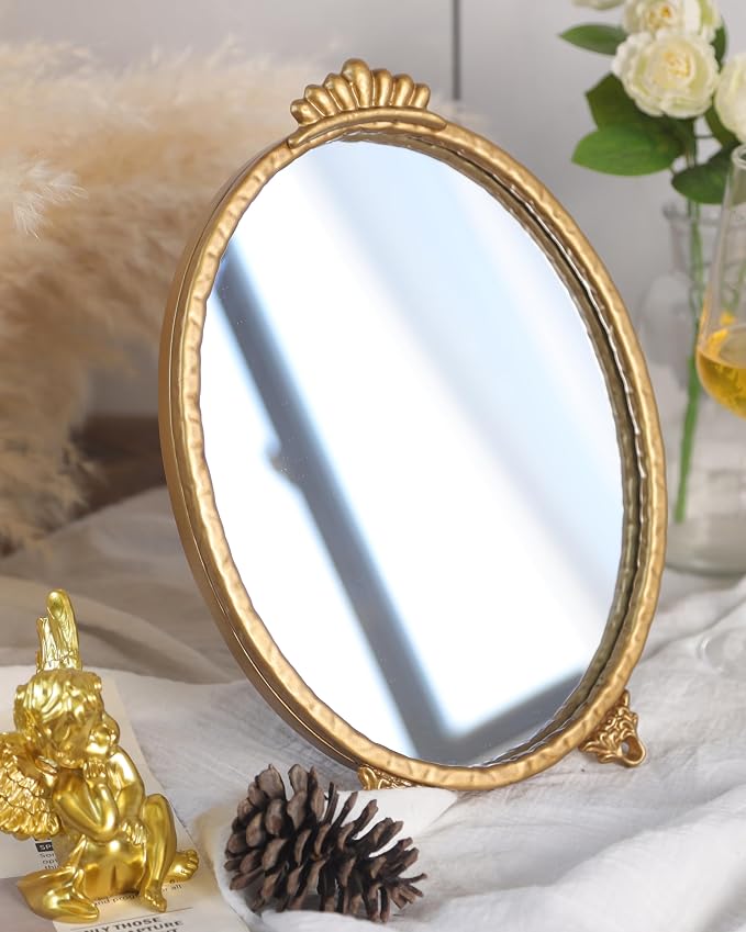 Gold Vintage Decor Vanity Mirror,Baroque Wall Art Retro Oval Mirror,Antique Wall Mirrors Decorative,Maximalist Decor Mirror for Desk Bedroom Bathroom Dresser Wall-Mounted,11.0" L x 7.9" W Gold