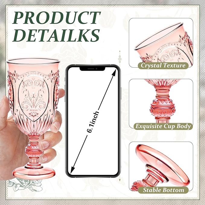 100 Pcs Plastic Goblets 7.5oz Vintage Goblet Plastic Wine Glasses Colored Retro Embossed Water Goblets for Wine Bar Juice Baby Shower Wedding Reception Grand Event Party (Pink)