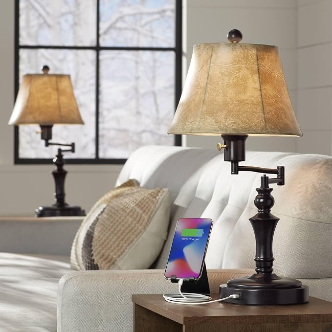 Regency Hill Corey Hill Traditional Rustic Natural Cottage Swing Arm Desk Table Lamps 21.75" High Set of 2 with USB Charging Port Bronze Metal Faux Leather Bell Shade for Living Room Bedroom