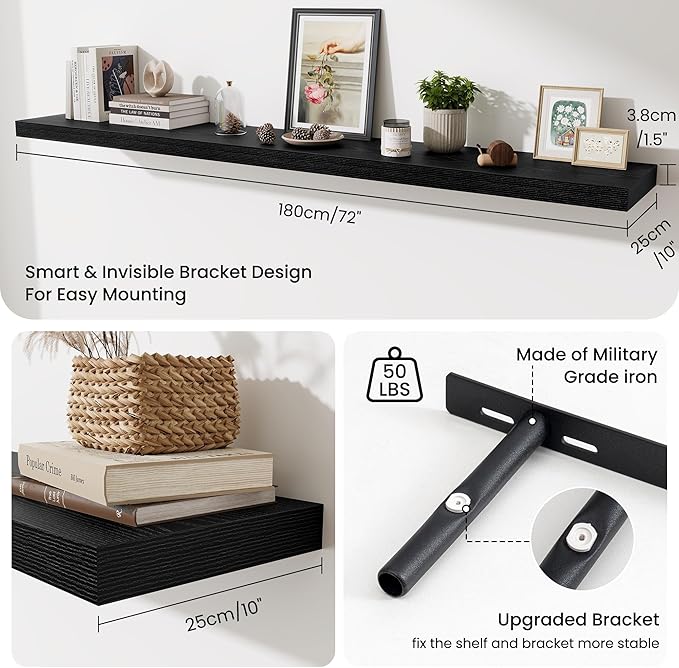 Fun Memories 72 Inch Fireplace Mantel Shelf, 10 Inch Deep Shelves for Display & Wall Storage, Rustic Wood Wall Shelf, Extra Long Floating Shelves for Living Room Laundry Room, Black, Set of 1