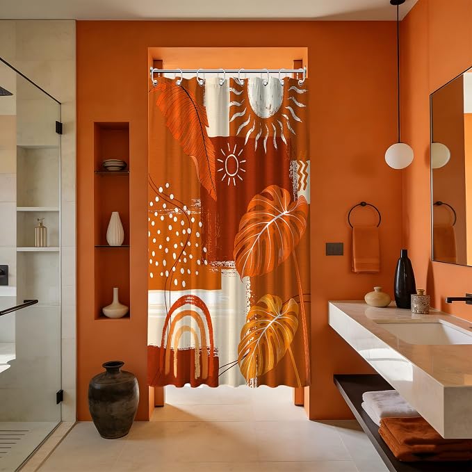 Small Stall Narrow Shower Curtain Burnt Orange Stand Up Mid Century Modern Leaf Shower Curtains for Rv Camper Bathroom Decor Sets, Waterproof Cloth Fabric with Hooks, 48 x 72 Inch