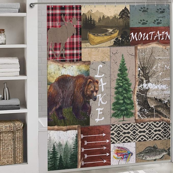 Retro Rustic Bear Shower Curtains, Vintage Deer Farmhouse Forest Cabin Lodge Woodland Adventure Cottage Country Waterproof Shower Curtains for Bathroom Decor 12 Pack Hooks 72x72in (183x183cm