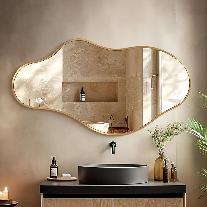 Bathroom Mirrors for Over Sink - Long Wall Mirrors Decorative 20"x 36" Asymmetrical Abstract Aviation Aluminum Alloy Frame Unique for Bedroom, Living Room, Cloakroom, Entryway Gold