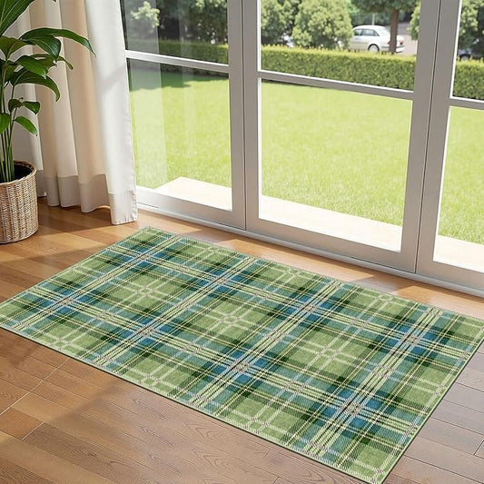 Front Door Mat Indoor Entrance - 2x4.3 Ft Buffalo Washable Layered Doormat Outdoor Entrance Porch Rug Non-Slip Green Teal Plaid Tartan Runner Rug for Kitchen Bedroom Laundry Room Porch Decor