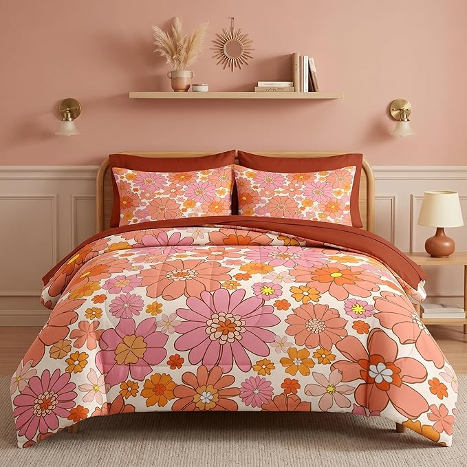 Nesker 5 Pcs Comforter Set Twin Size, Retro Vintage Pink Bedding Set for Kids and Adults, Orange Floral Flower Bed Sheet Sets with Fitted Sheet Pillowcases & Shams