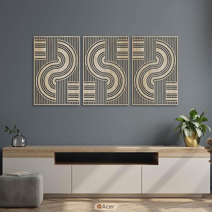 Abstract Retro Design Wood Wall Art Set of 3, Mid Century Curved Line Panels, Bauhaus Geometric Modern Wooden Decor, Housewarming Gift for Living Room and Bedroom