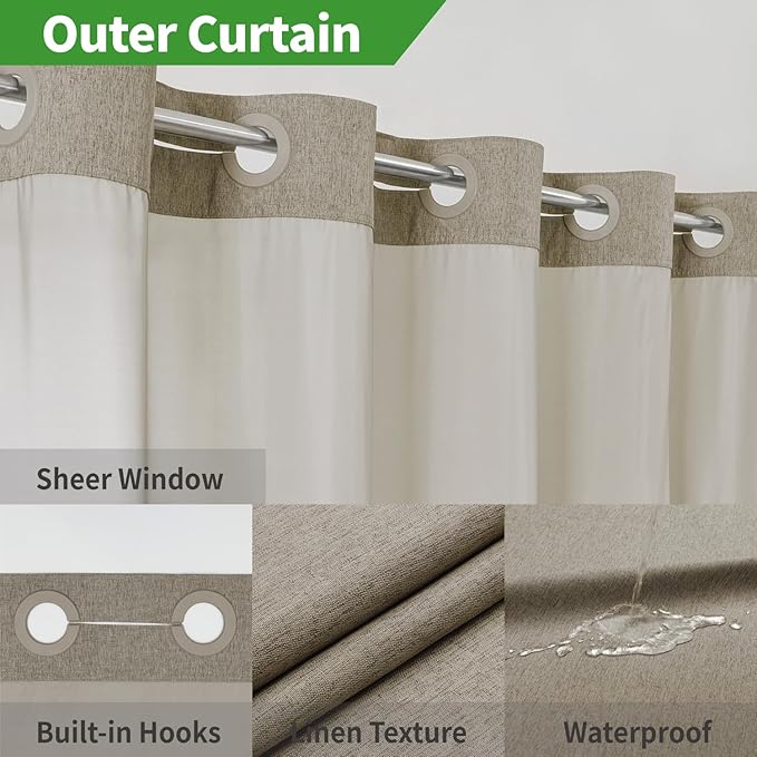 No Hooks Needed Linen Textured Shower Curtain with Snap-in Fabric Liner Set,Hotel Luxury Decor Shower Curtains for Bathroom with Mesh Top Window,Waterproof & Washable,71Wx74H,Khaki/Tan