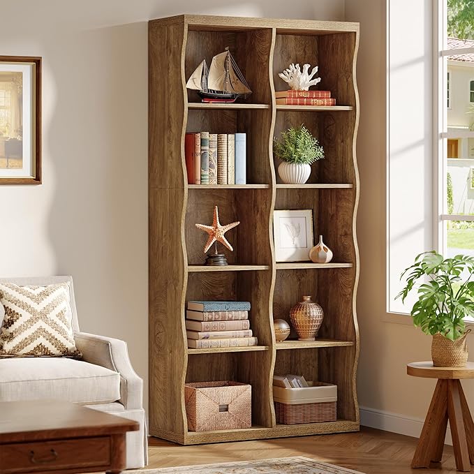 Tribesigns 70.86" Wooden 10 Cubes Bookcase, 5-Tier Tall Floor Standing Bookshelf with Wave-Shaped Design, Rustic Display Storage Organizer with Open Shelves for Living Room, Home Office, Bedroom (1)