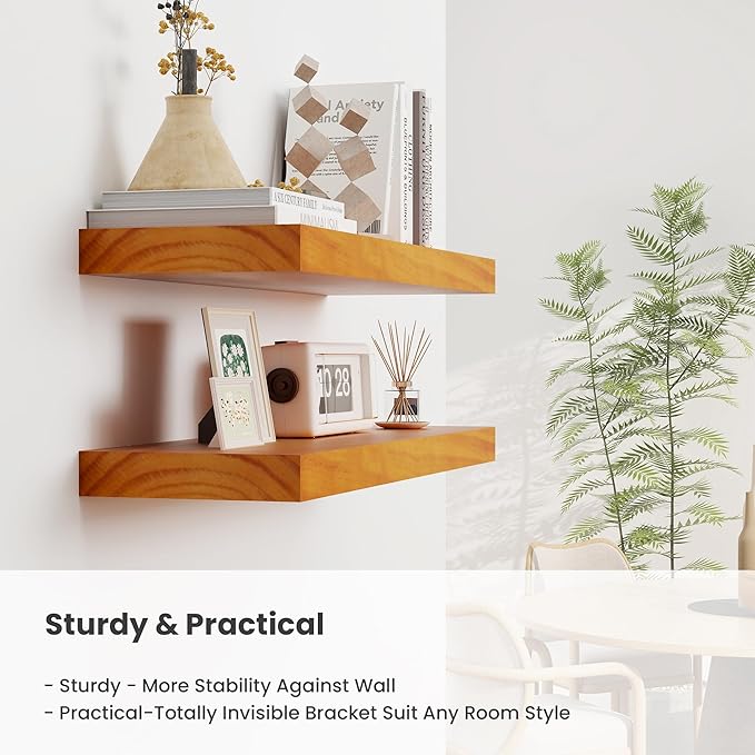 Fun Memories Wood Floating Shelves Set of 2, Rustic Pine Wood Floating Shelves for Wall Mounting, Wide Wall Shelf for Home Decor and Storage, 24" W x 7" D, Honey Oak