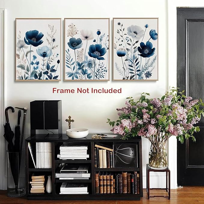 BingruiArt Navy Blue Wall Art Canvas Abstract Floral Painting Blue and Gray Posters Watercolor Flower Decor Wildflower Pictures Botanical Prints for Living Room Bedroom Bathroom 3 Pcs 16x24in Unframed